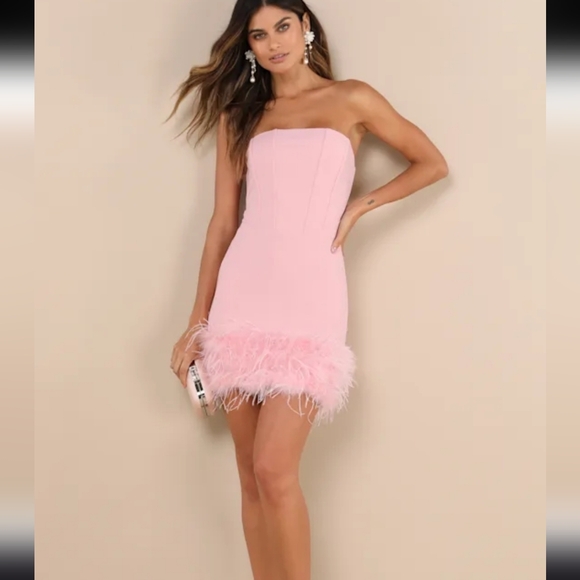 Lulus Ostritch Fabulous Delight Light Pink Strapless Bustier Feather Mini Dress - Picture 2 of 13